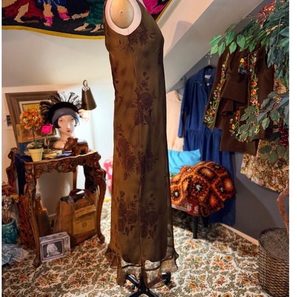 Vintage Y2K Gold Brown Floral Midi Dress Sheer Trim V Neck Whimsygoth Size 10 - Picture 8 of 12
